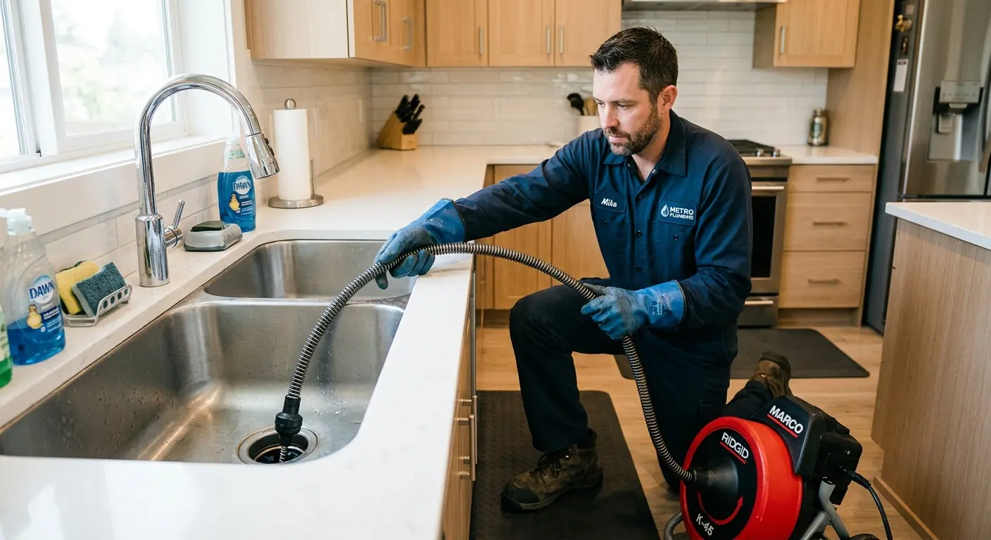 Drain cleaning technician using a motorized snake on a kitchen sink in Taylorville