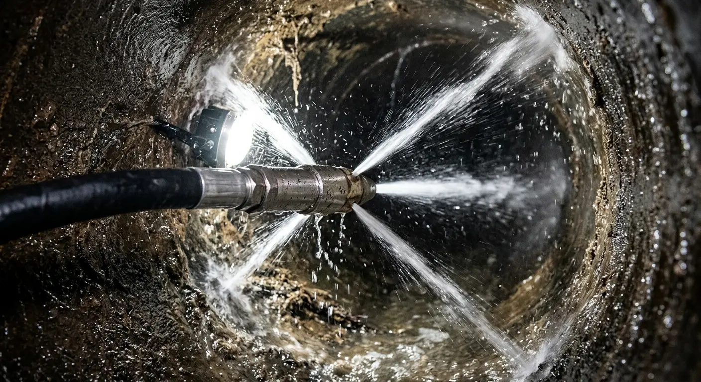 High-pressure hydro jetting nozzle cleaning sewer pipe for Sewer Cleanout in Taylorville