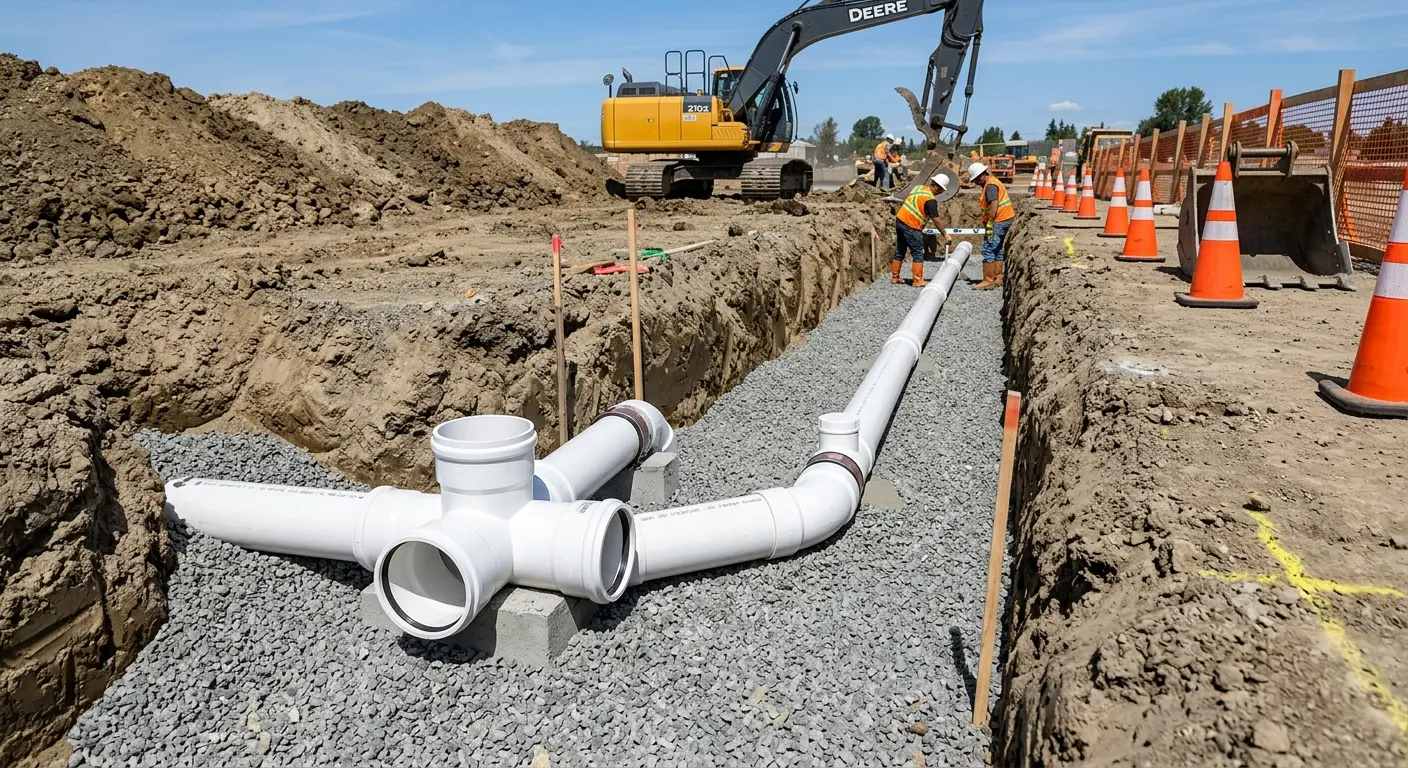 New PVC sewer pipe installation in open trench for Sewer Backup in Taylorville