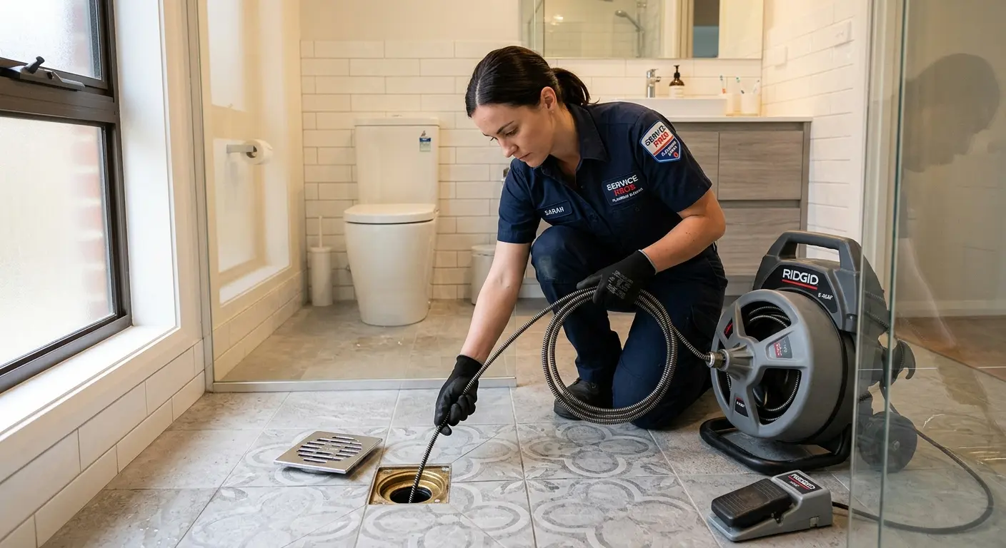 Technician clearing a bathroom floor drain for Sewer Line Replacement in Taylorville